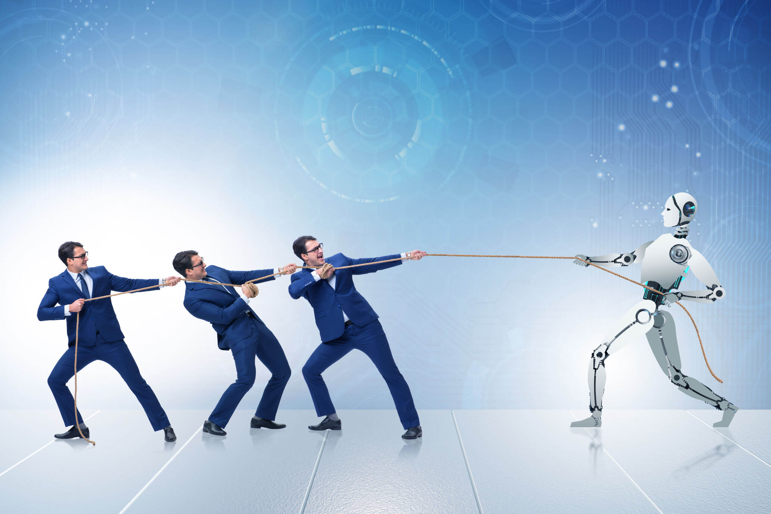 Three Man in Suits pulling rope with a Robot