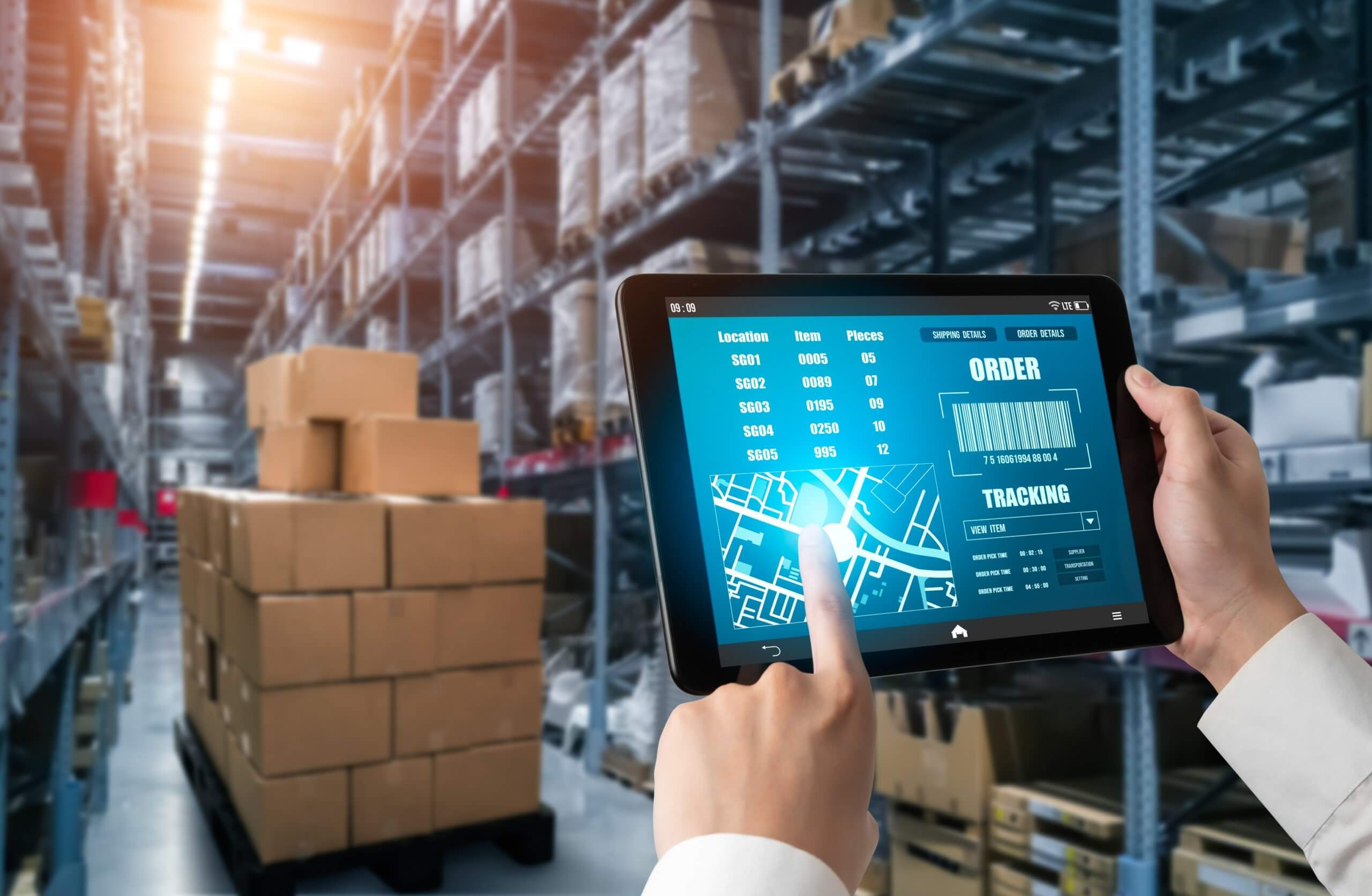 Scanning Inventory in Tablet, Warehouse Background