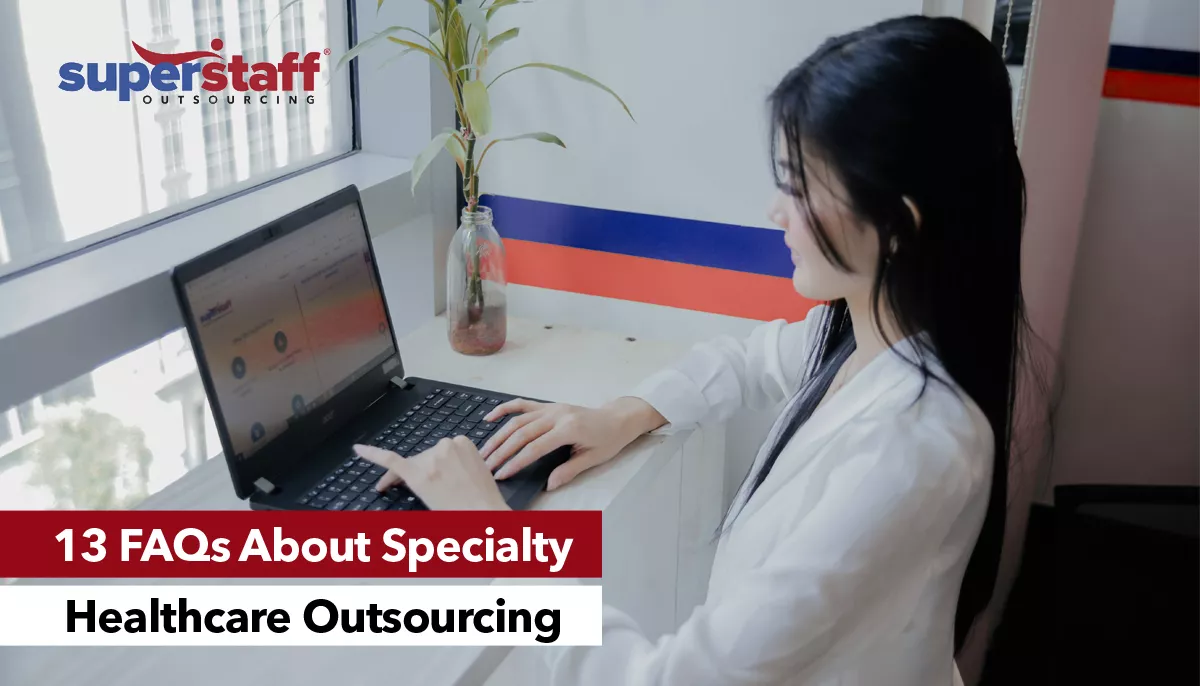 A SuperStaff executive performs specialty healthcare outsourcing tasks with her laptop.