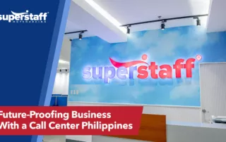 The logo for SuperStaff, a call center in the Philippines, is embossed on a map.