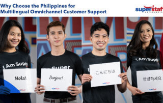 Four SuperStaff agents show placards of different languages they can speak, proving that Philippines Is a Top Destination for Multilingual Omnichannel Customer Support.