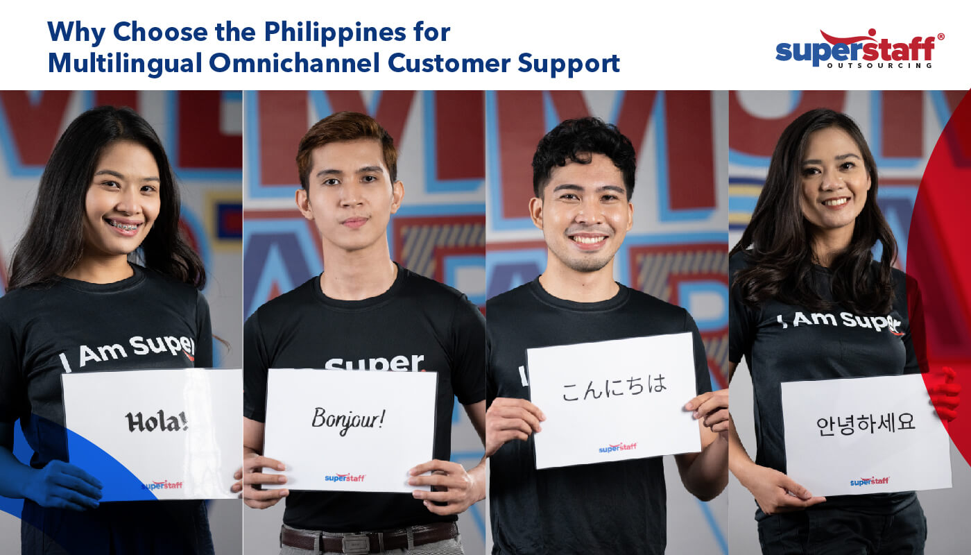 Four SuperStaff agents show placards of different languages they can speak, proving that Philippines Is a Top Destination for Multilingual Omnichannel Customer Support.