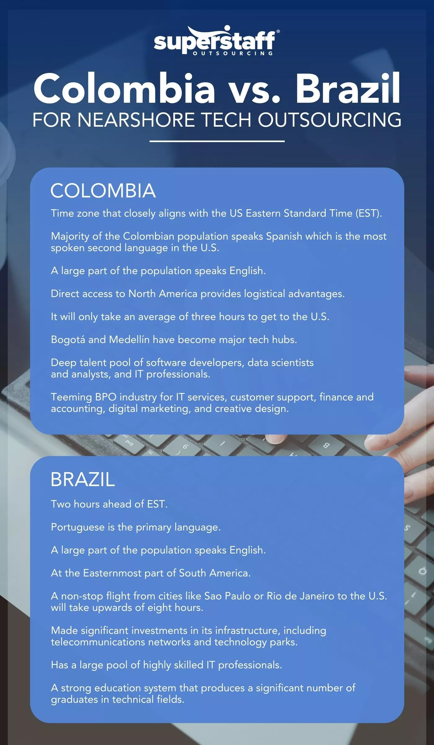 An infographic shows comparison of Colombia vs Brazil for Nearshore Tech Outsourcing.
