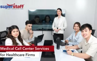 SuperStaff representatives for medical call center services are pictured inside a conference room.