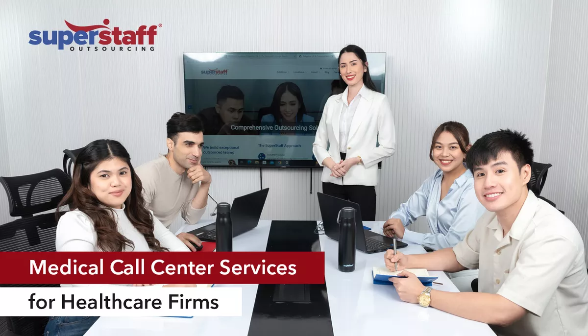 SuperStaff representatives for medical call center services are pictured inside a conference room.