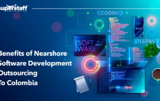 An image shows different aspects of Nearshore Software Development Outsourcing.