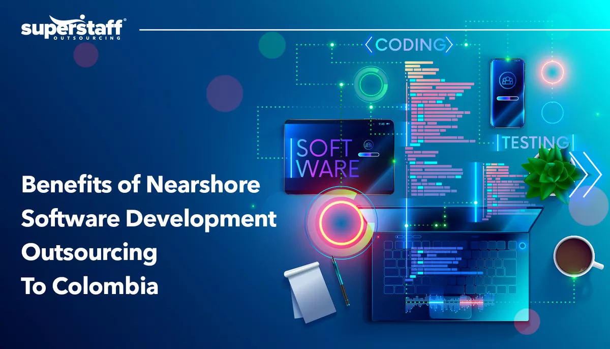 An image shows different aspects of Nearshore Software Development Outsourcing.