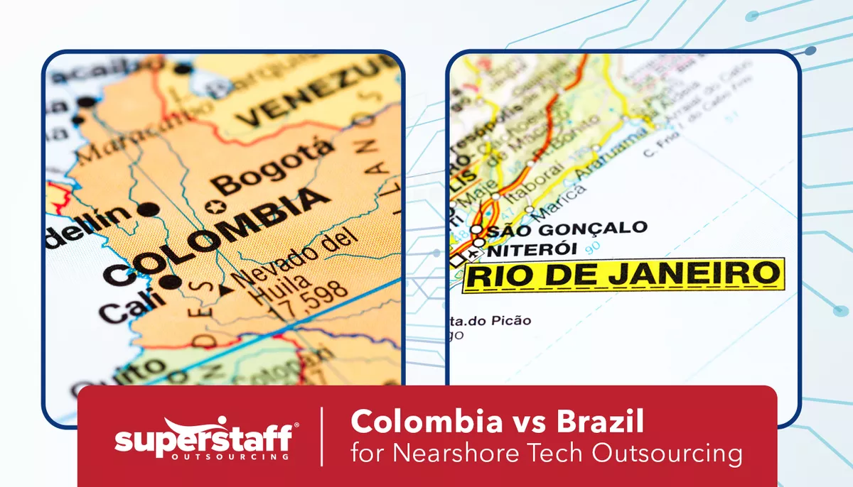 A side by side map of Colombia and Rio de Janeiro to illustrate the topic on Colombia vs Brazil for Nearshore Tech Outsourcing.