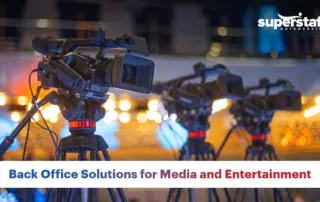 Film cameras are shown in a picture. A caption says back office solutions for media and entertainment.