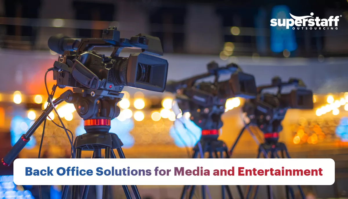 Film cameras are shown in a picture. A caption says back office solutions for media and entertainment.