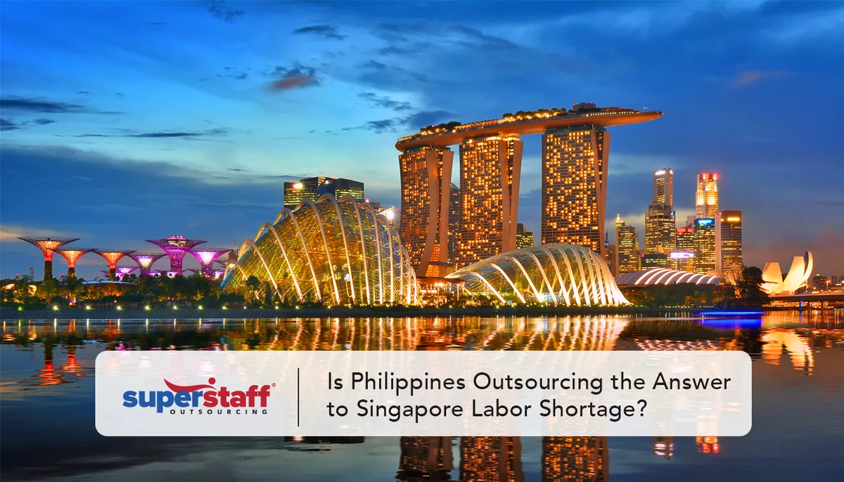 An image shows The Lion City at night with a caption saying Is Philippines Outsourcing the Answer to Singapore Labor Shortage.