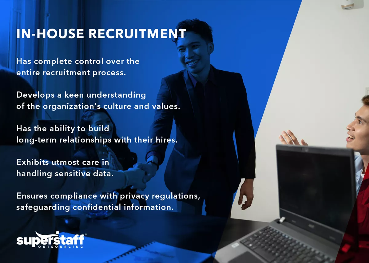 An infographic shows advantages of in house recruitment compared to outsourced recruiting.