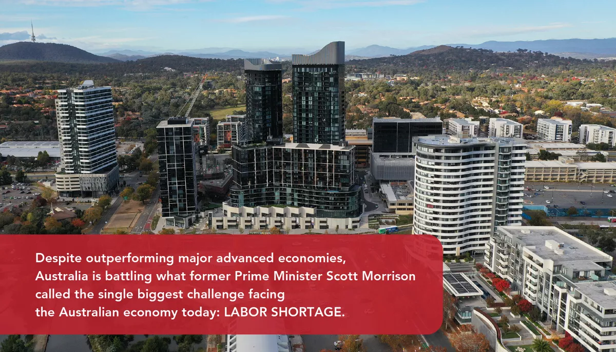 An image shows the Republic Complex in Canberra with a caption describing the labor shortage in Australia.