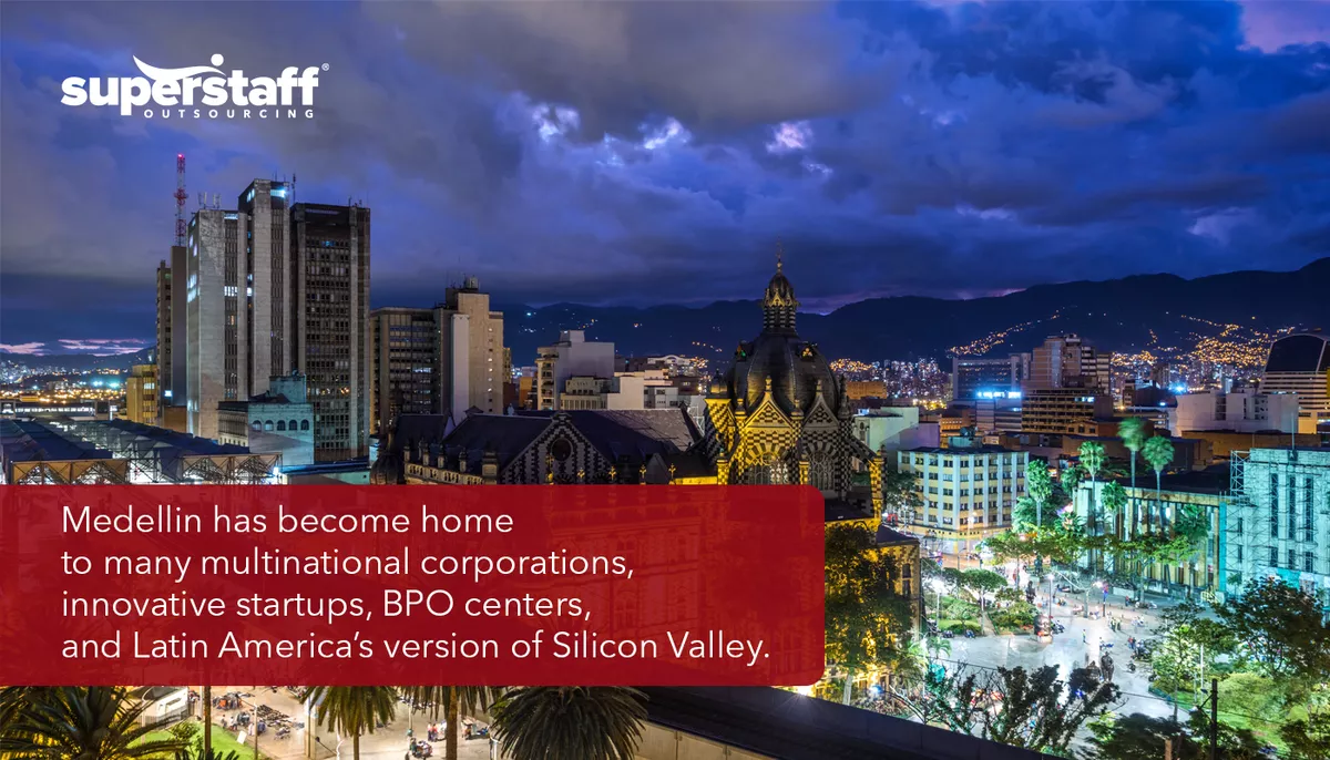 An image shows Medellin, Colombia at night.