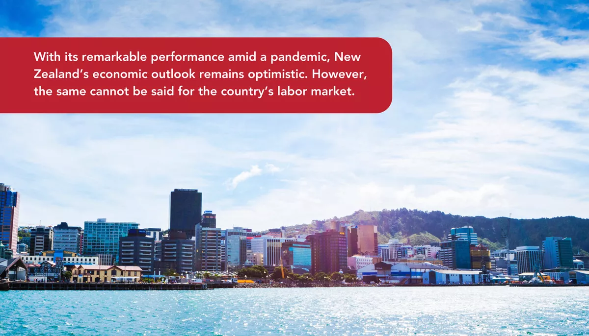 An image shows ocean view of New Zealand's capital city. The caption says New Zealand labor shortage hinders country's full pandemic recovery.