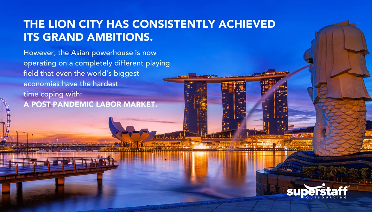 An image shows the famous Merlion with texts explaining how the Lion City faces Singapore labor shortage.