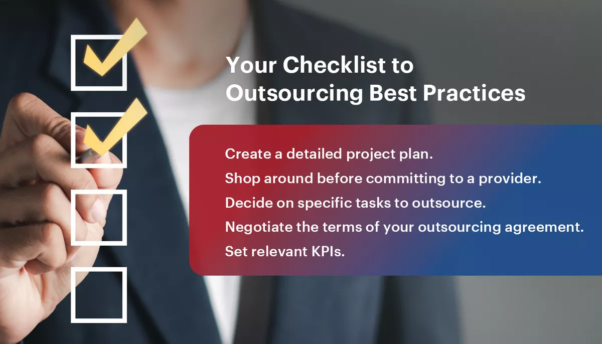 A man ticks boxes corresponding to outsourcing best practices.
