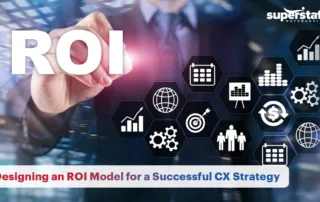 An image shows an executive pointing at the word ROI from CX Strategy.