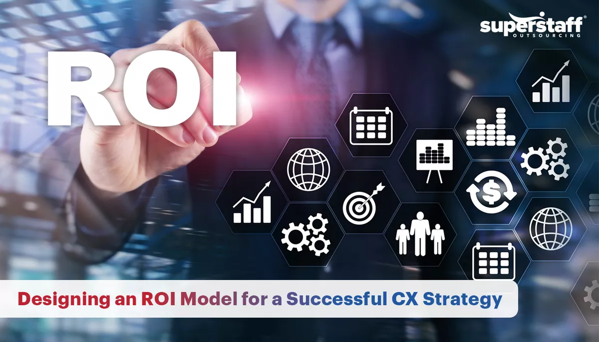 An image shows an executive pointing at the word ROI from CX Strategy.