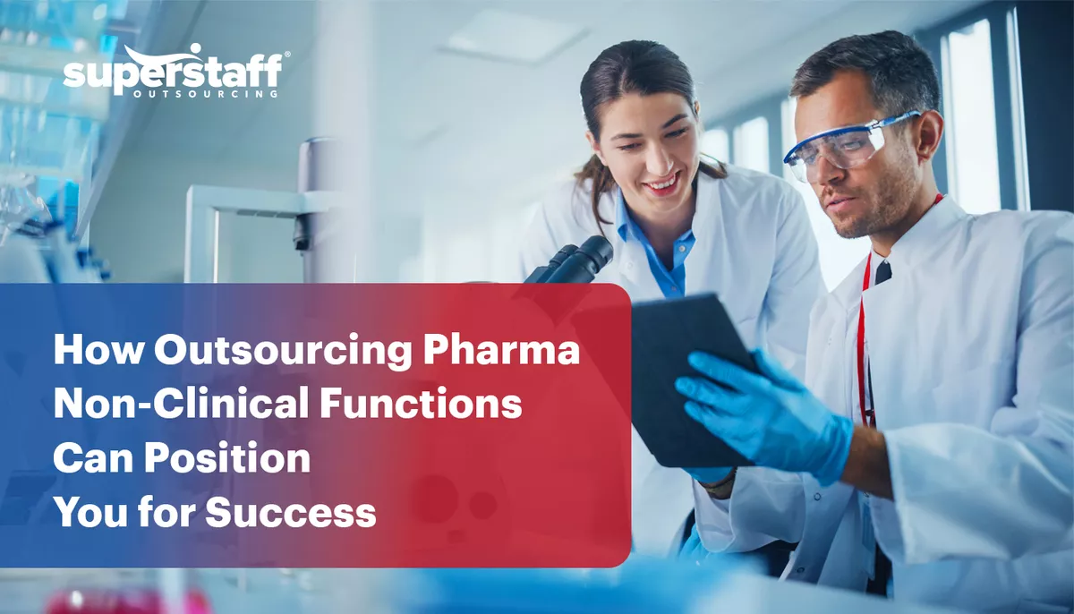 Two pharmaceutical executives work in the laboratory. Image caption says outsourcing pharma non-clinical functions can make firms successful.