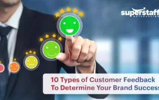 A photograph showing a man giving five-star review. Also in the image is the text "10 Types of Customer Feedback To Determine Your Brand Success."