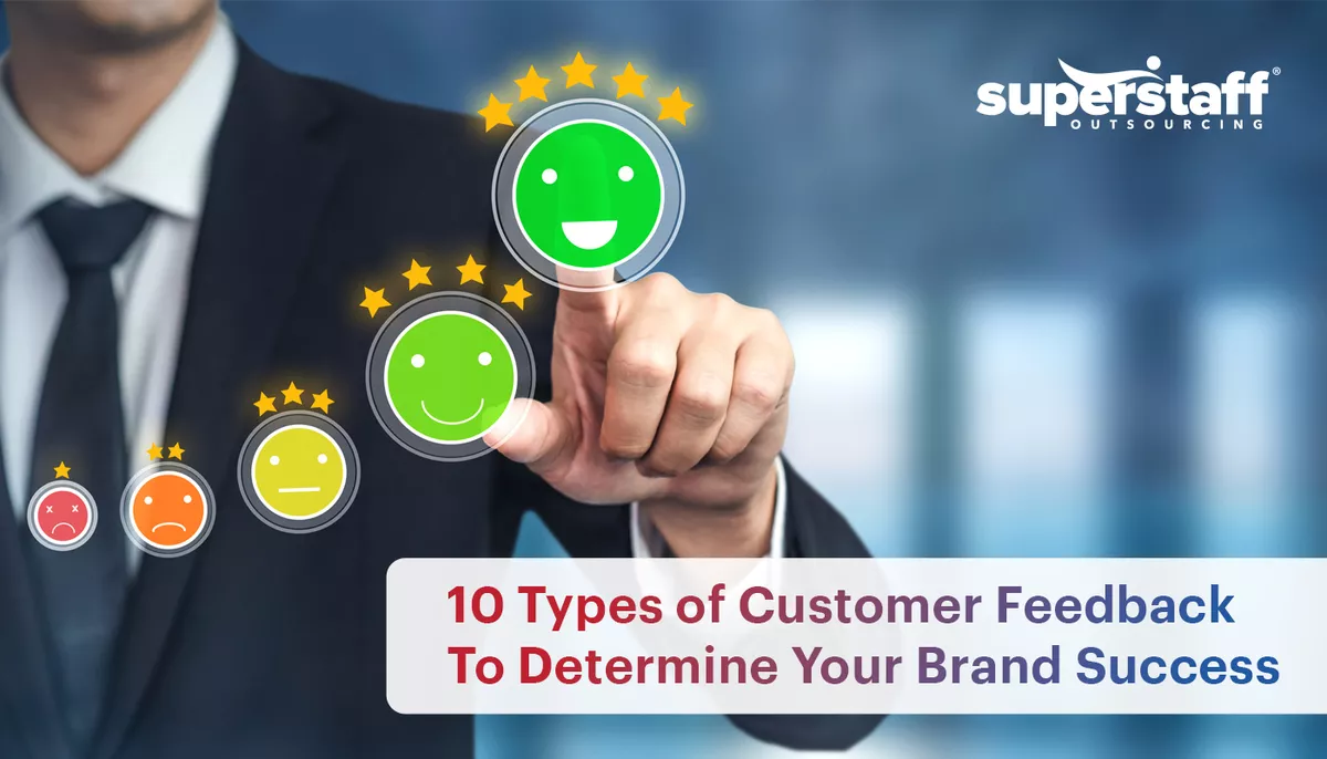 A photograph showing a man giving five-star review. Also in the image is the text "10 Types of Customer Feedback To Determine Your Brand Success."