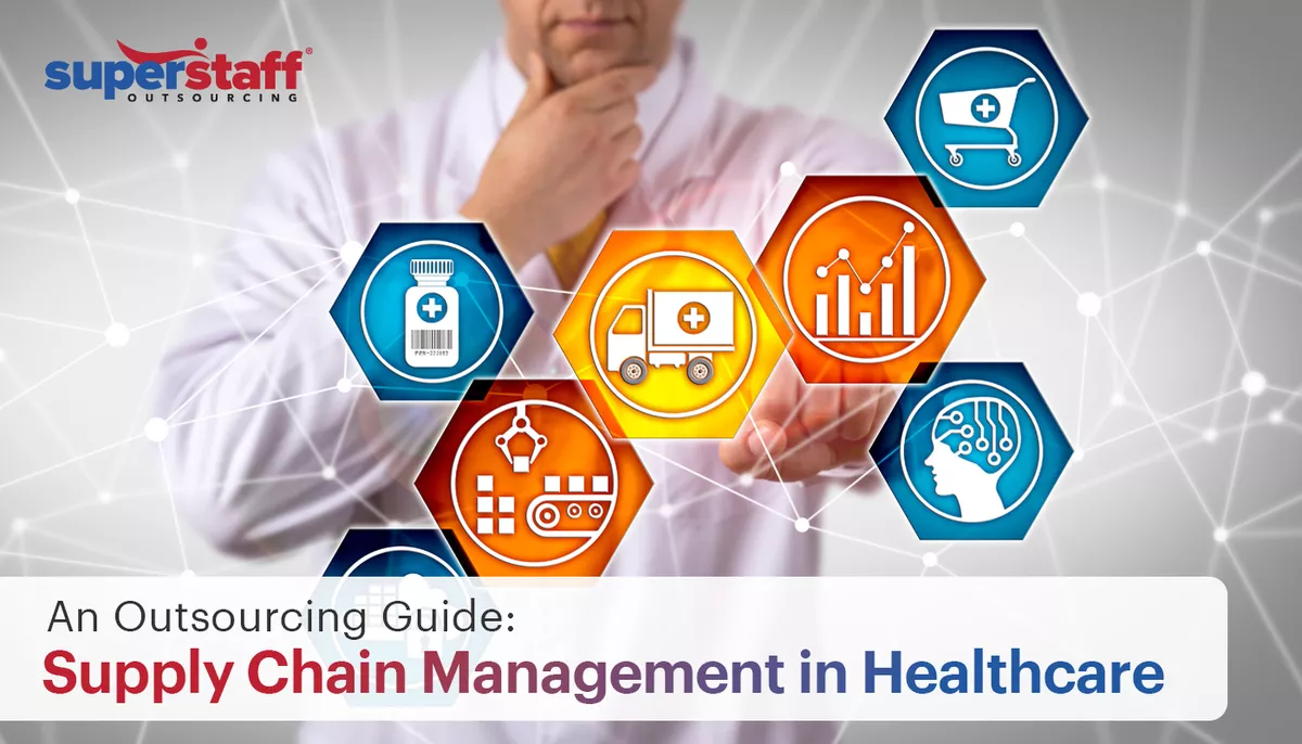 An image shows icons for different supply chain management in healthcare.