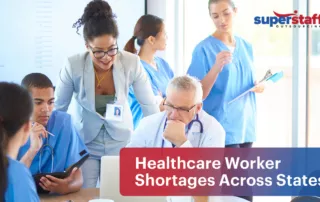 An image shows six hospital executives discussing healthcare worker shortage across states.