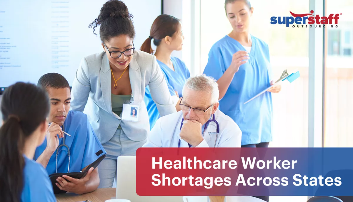 An image shows six hospital executives discussing healthcare worker shortage across states.