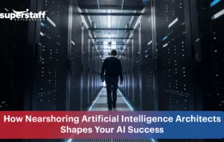 A man is walking in a hallway of a room filled with data. At the bottom of the image is the text "How Nearshoring Artificial Intelligence Architects Shapes Your AI Success."