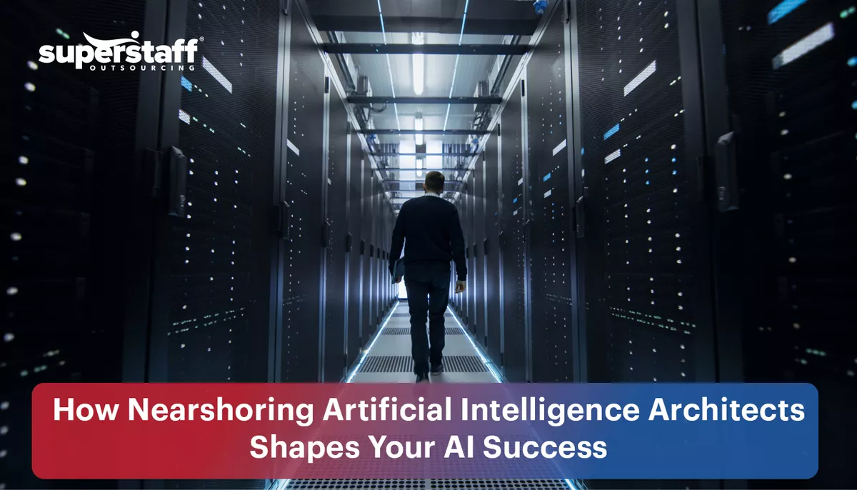 A man is walking in a hallway of a room filled with data. At the bottom of the image is the text "How Nearshoring Artificial Intelligence Architects Shapes Your AI Success."