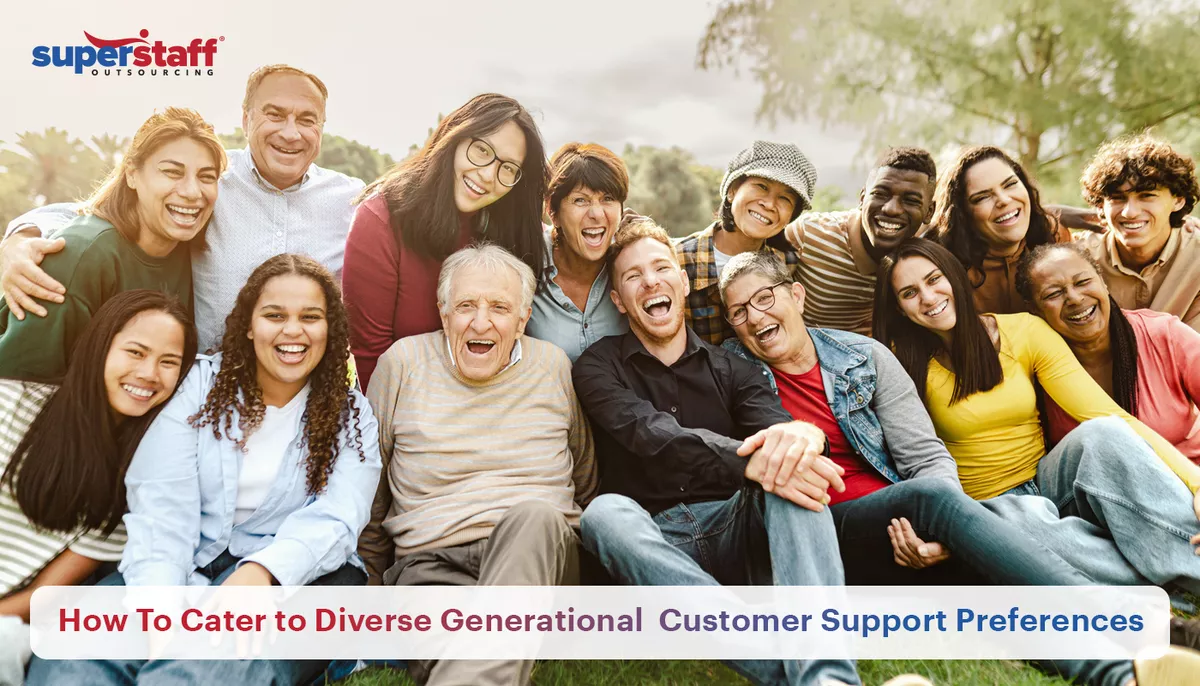 A photo showing a diverse group of people from all generations. At the bottom of the image is the text, "How To Cater to Diverse Generational Customer Support Preferences."