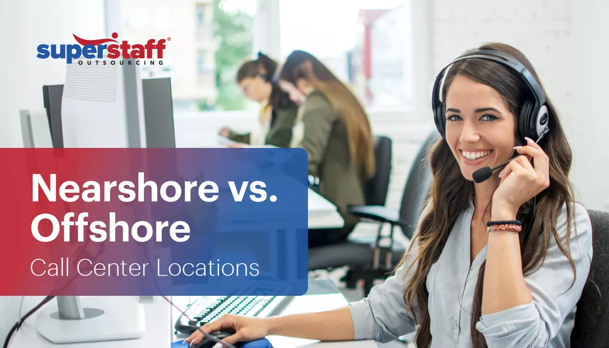 There is a female call center agent agent smiling. The image has the text Nearshore vs. Offshore.