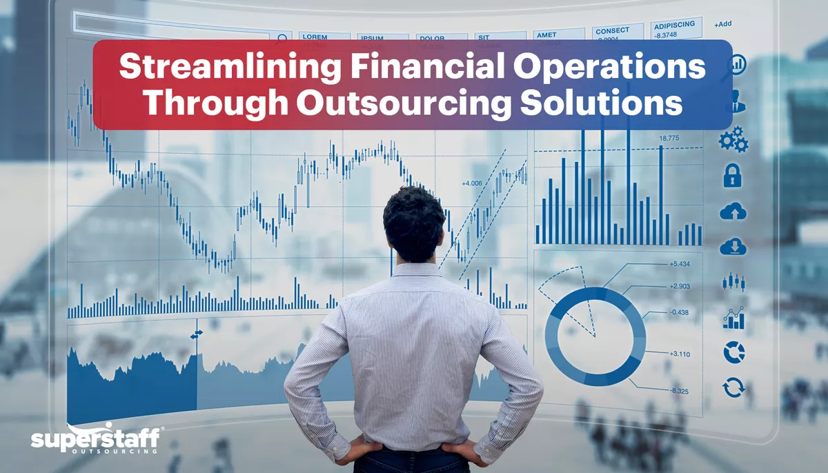 An accounting professional stands in front of a screen filled with charts and graphs. Also in the image is the text, "Streamlining Financial Operations Through Outsourcing Solutions."