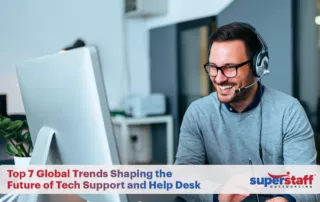 A customer support representative is working happily. The text "Top 7 Global Trends Shaping the Future of Tech Support and Help Desk" is also on the image.