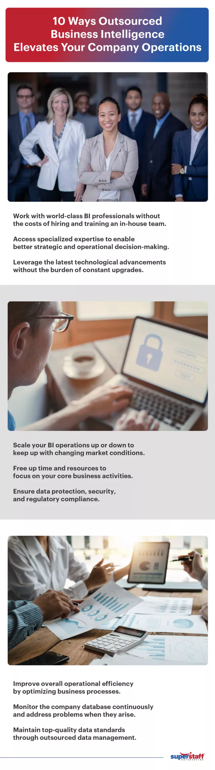 An infographic showing 10 benefits of business intelligence outsourcing.