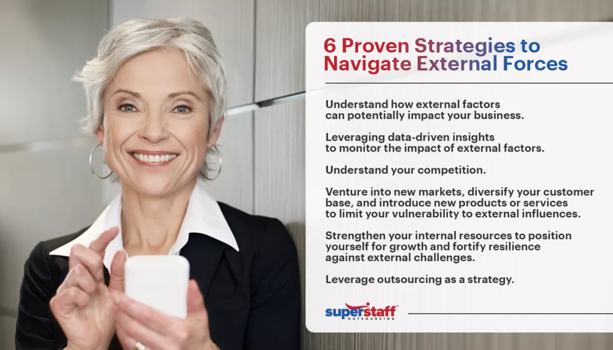 A businesswoman smiles at the camera. On her left is a list of 6 strategies to maximize business growth.