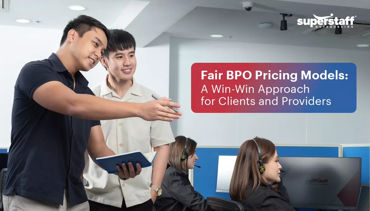 The image shows two employees discussing in the workplace. In a textbox is the title of the blog, "Fair BPO Pricing Models: A Win-Win Approach for Clients and Providers."