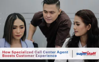 An image showing three call center agents discussing. The text portion of the image reads "The Power of a Specialized Call Center Agent: Enhancing Customer Experience."