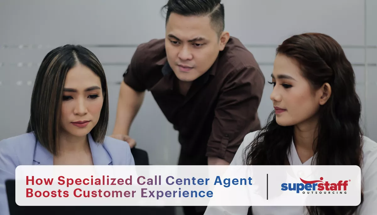 An image showing three call center agents discussing. The text portion of the image reads "The Power of a Specialized Call Center Agent: Enhancing Customer Experience."