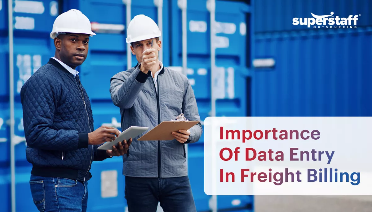 The image shows two male freight workers discussing something in their workplace. It also shows the text "Precision Matters: The Vital Role of Accurate Data Entry in Freight Billing."