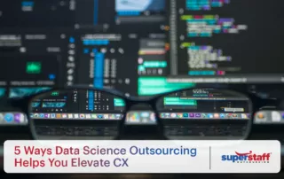 In the image is a screen displaying different codes and charts. It also shows the title of the blog, "The Future of CX: 5 Ways Data Science Outsourcing Helps You Boost Customer Experience."