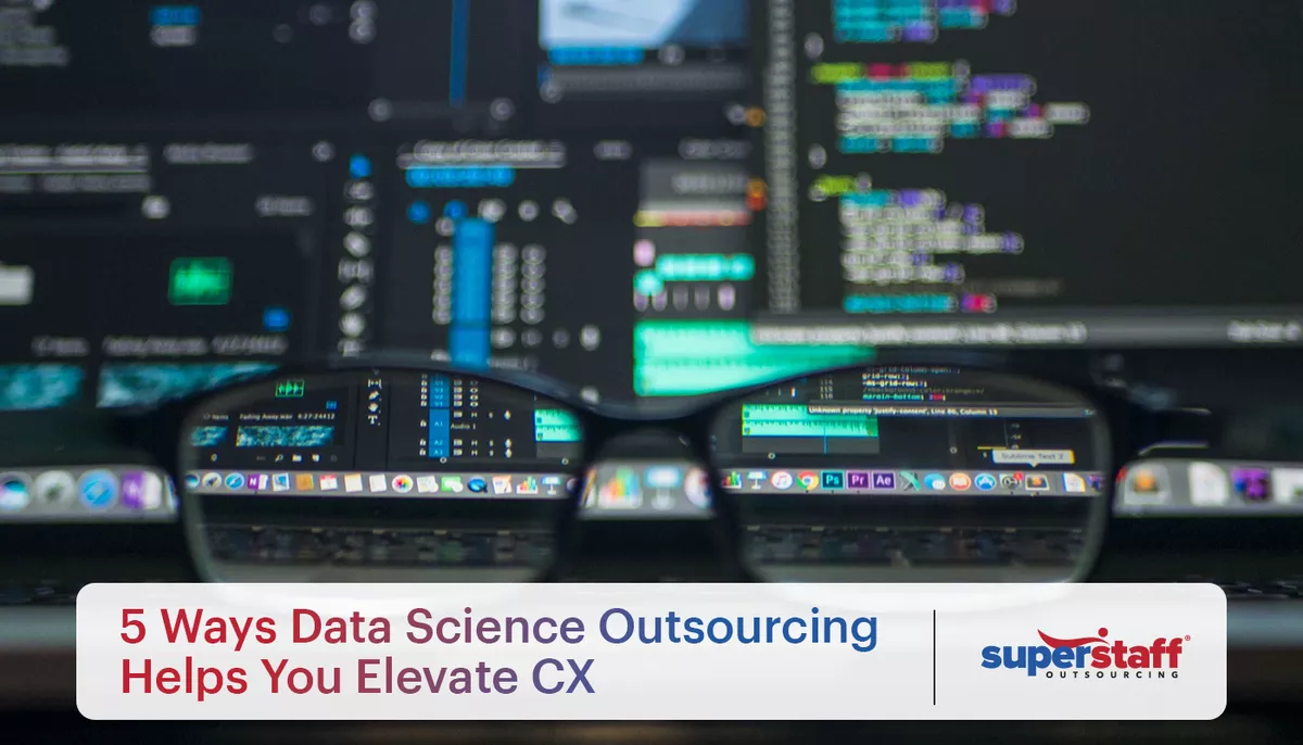 In the image is a screen displaying different codes and charts. It also shows the title of the blog, "The Future of CX: 5 Ways Data Science Outsourcing Helps You Boost Customer Experience."