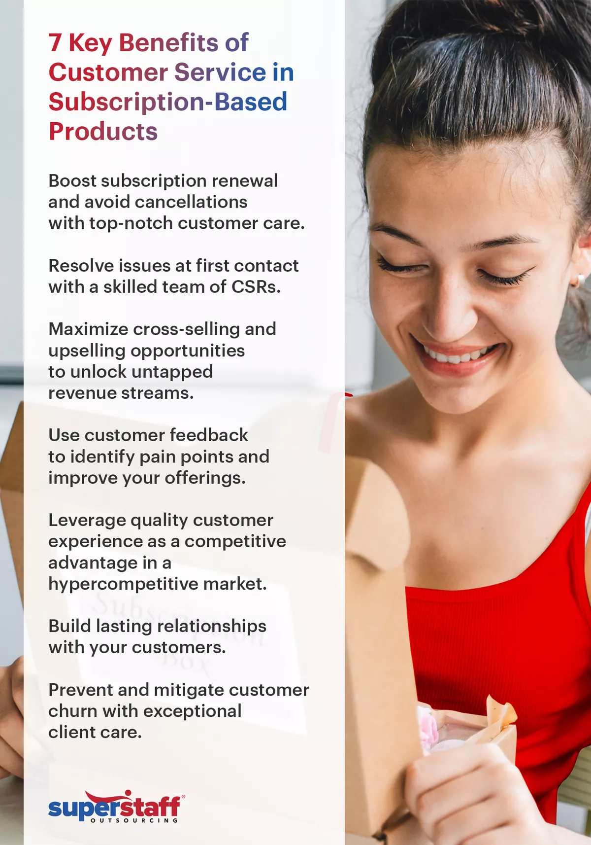 An infographic the 7 key benefits of customer service in achieving customer loyalty for subscription-based products and services.