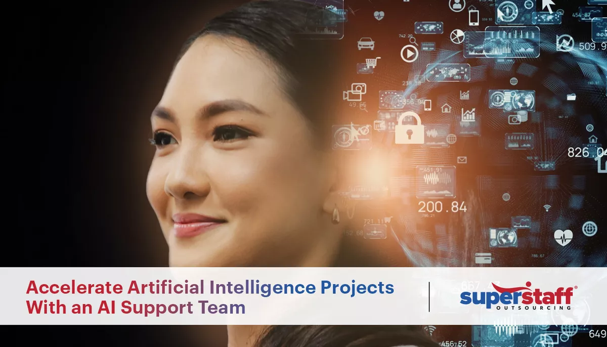 A SuperStaff executive smiles. The image caption reads: Accelerate Artificial Intelligence Projects With an AI Support Team
