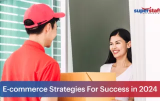 The picture shows a happy customer receiving a package from a delivery personnel, signifying that their order has arrived thanks to proper inventory management. It also shows the text, "E-commerce Strategies for Success."