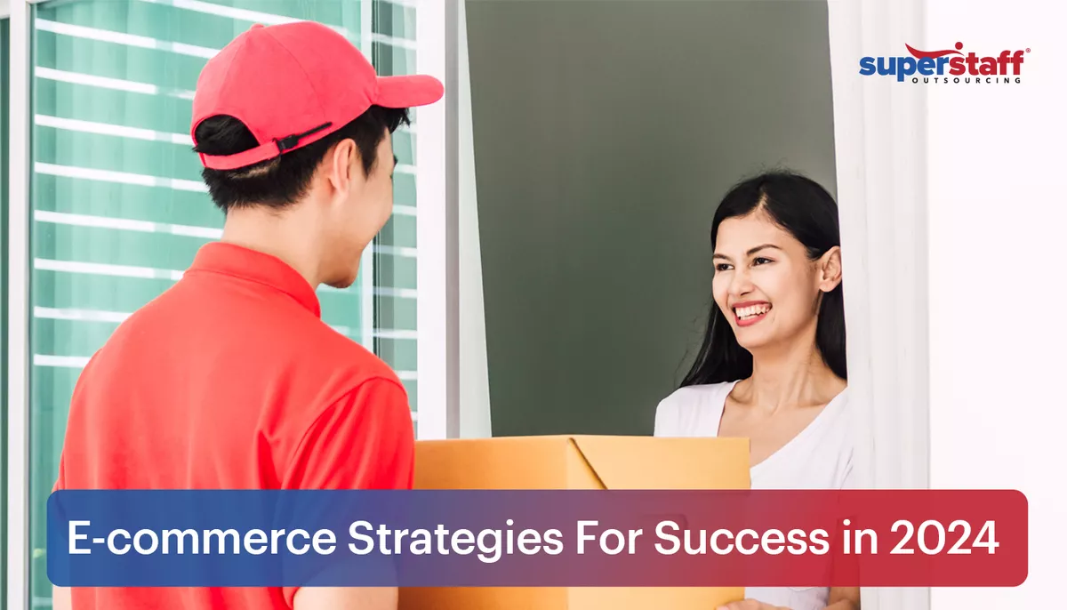 The picture shows a happy customer receiving a package from a delivery personnel, signifying that their order has arrived thanks to proper inventory management. It also shows the text, "E-commerce Strategies for Success."