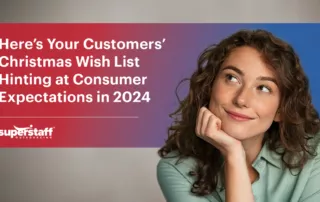 A customer smiles while thinking. The image caption says: Here’s Your Customers’ Christmas Wish List Hinting at Consumer Expectations in 2024