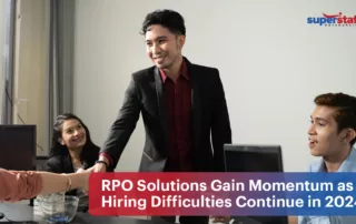 3 SuperStaff executives welcome a new hire. Image caption says "RPO Solutions Gain Momentum as Hiring Difficulties Continue in 2024"
