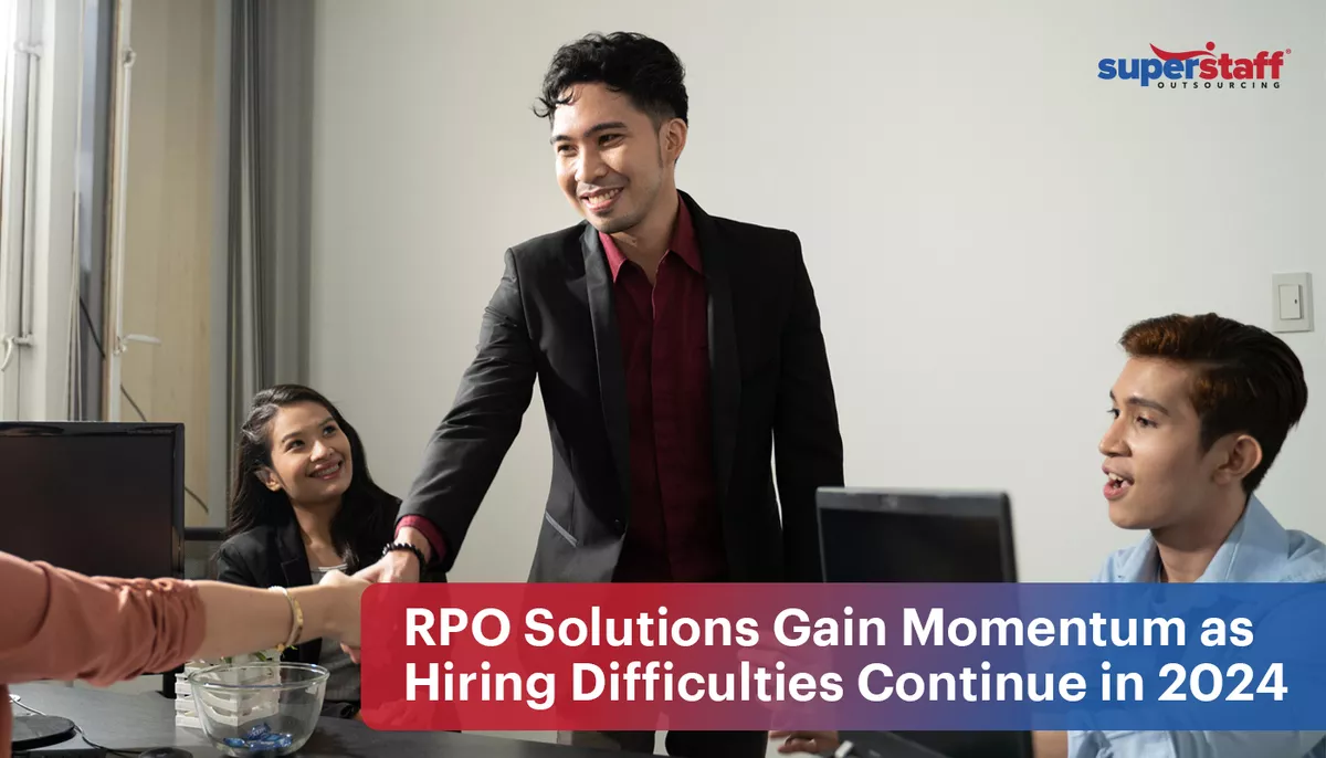 3 SuperStaff executives welcome a new hire. Image caption says "RPO Solutions Gain Momentum as Hiring Difficulties Continue in 2024"